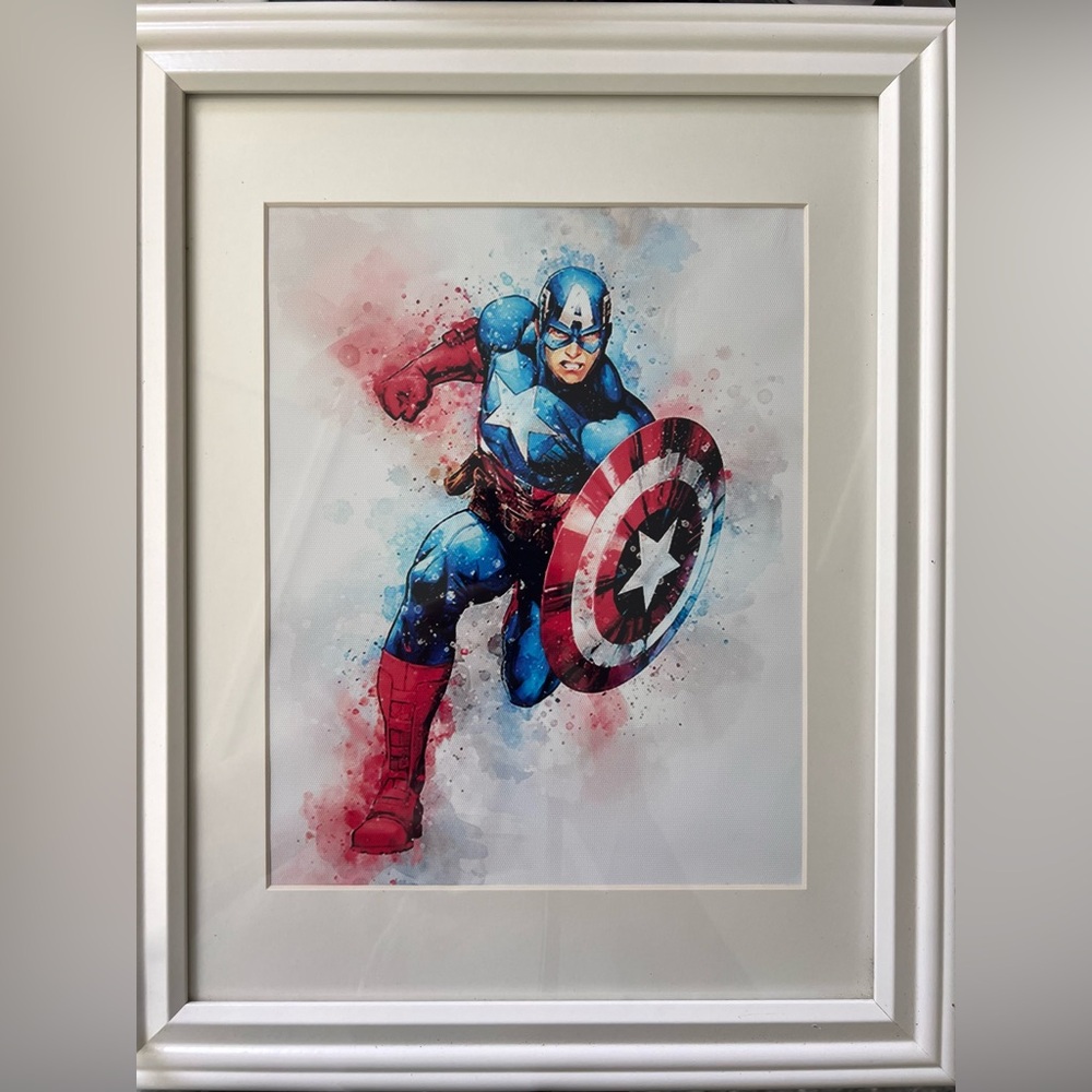 Captain America Watercolor Print - Red, Blue, White Framed and matted 15” H